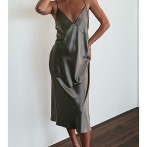 Grace Loves Lace Silky Satin Midi- Olive